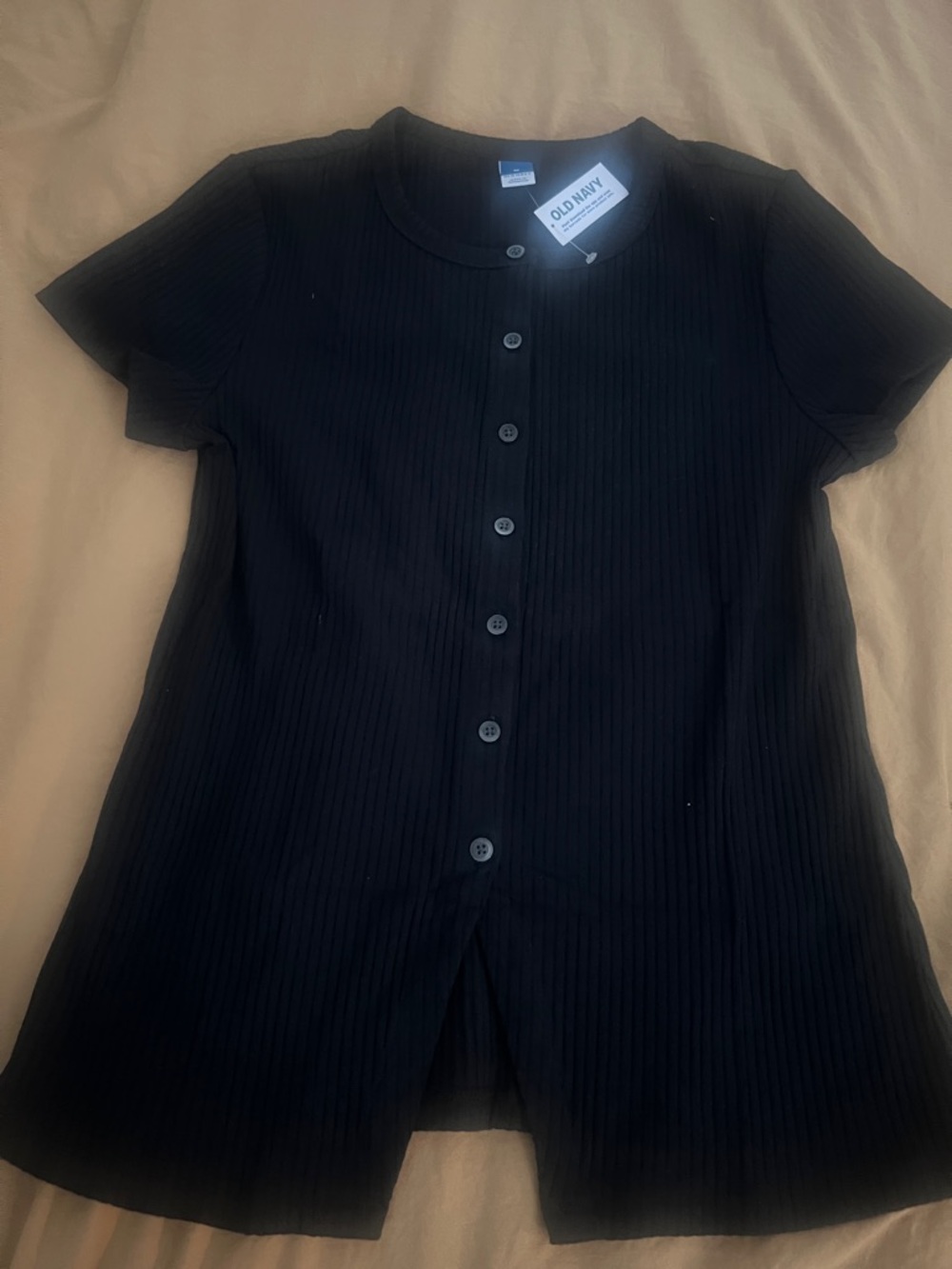 Old Navy Black Ribbed Short-Sleeve Button Front Top